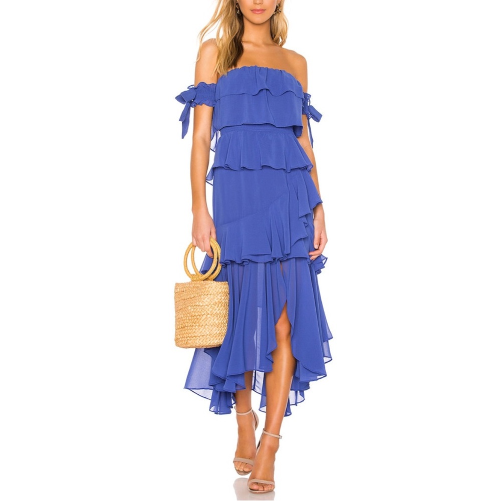 NWT MISA Los Angeles Isidora Dress Sz L Tiered Ruffle Off Shoulder Midi Romantic - Picture 4 of 12